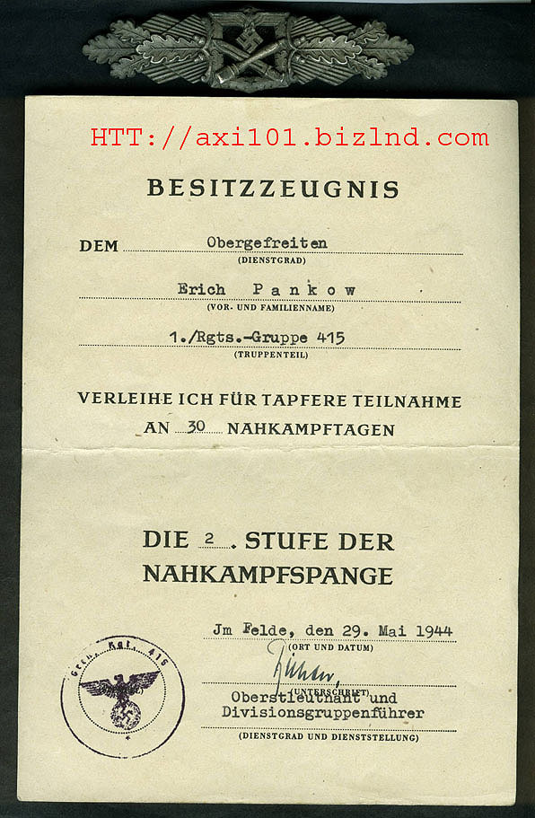 Close Combat Clasp Certificate